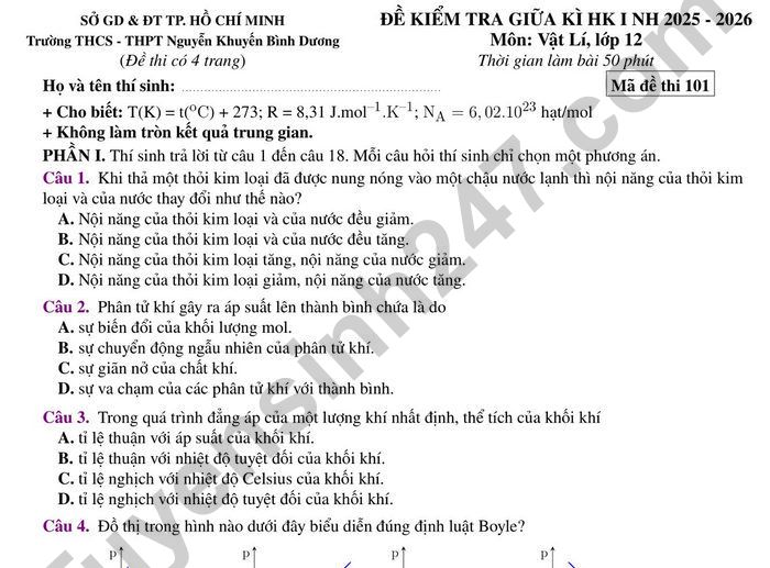 Đề thi giữa kì 1 năm 2025 THCS-THPT Nguyễn Khuyến Bình Dương - môn Lý lớp 12