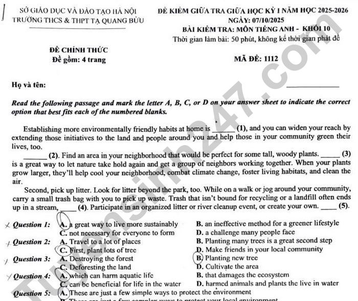 Đề thi giữa kì 1 Anh lớp 10 THCS&THPT Tạ Quang Bửu 2025