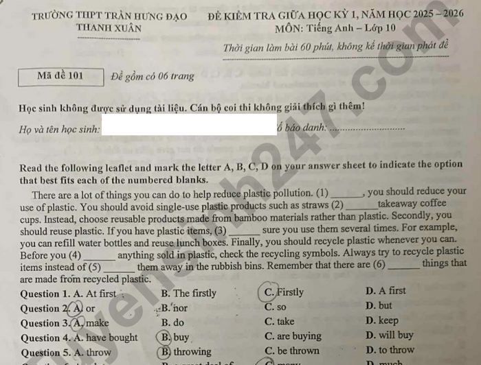 Đề thi giữa kì 1 lớp 10 môn Anh 2025 - THPT Trần Hưng Đạo