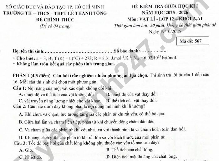 Đề thi giữa kì 1 môn Lý lớp 12 TH-THCS-THPT Lê Thánh Tông 2025