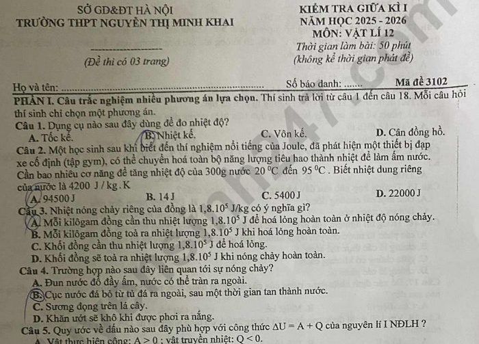 Đề thi giữa kì 1 năm 2025 THPT Nguyễn Thị Minh Khai - môn Lý lớp 12