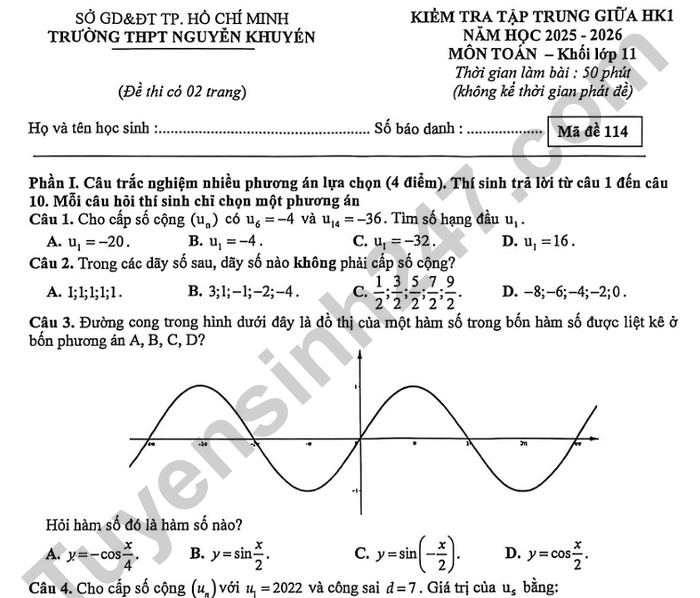 Đề thi giữa HK1 lớp 11 môn Toán 2025 - THPT Nguyễn Khuyến