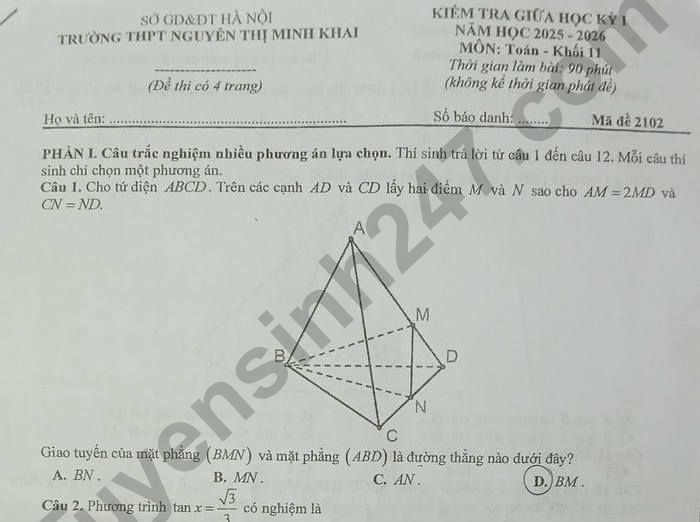 Đề thi giữa kì 1 lớp 11 môn Toán - THPT Nguyễn Thị Minh Khai 2025