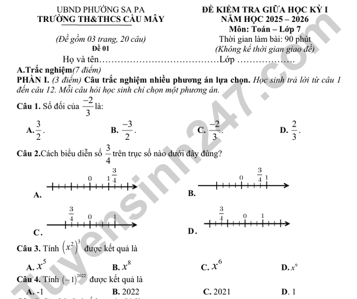 Đề thi giữa kì 1 lớp 7 môn Toán 2025 - TH&THCS Cầu Mây (có đáp án)