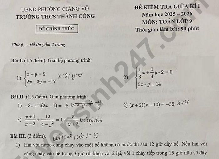 Đề thi giữa kì 1 năm 2025 THCS Thành Công - lớp 9 môn Toán