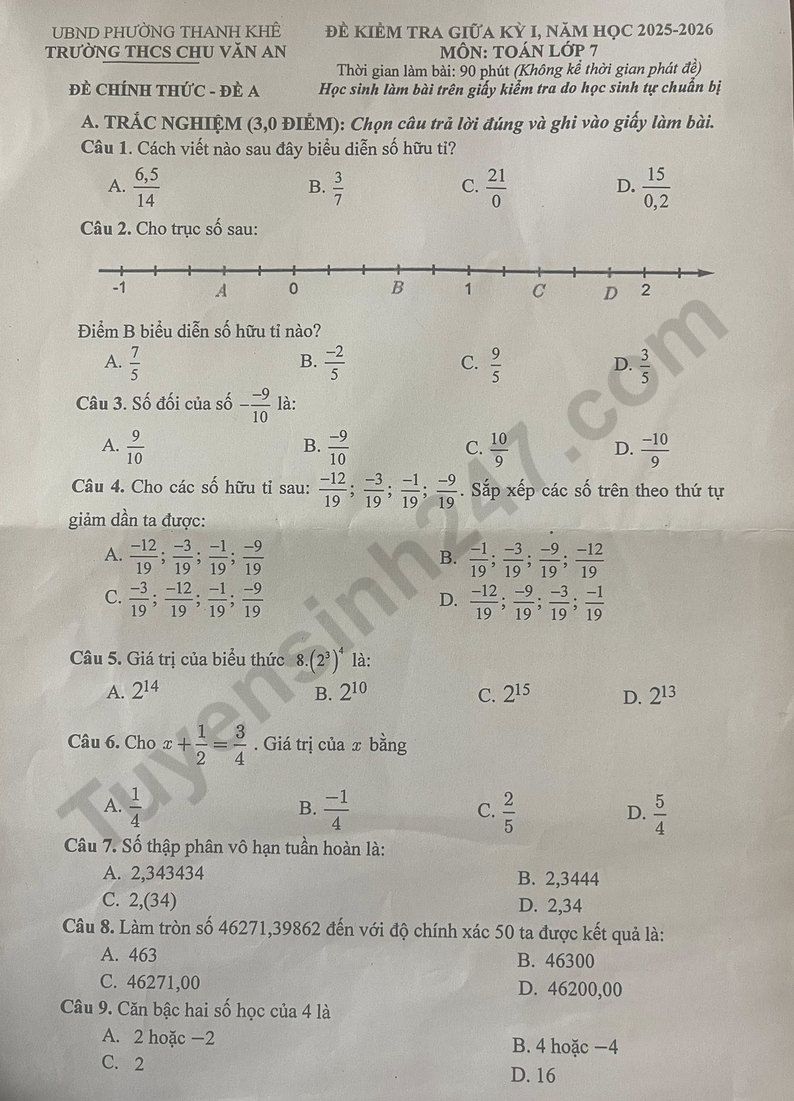 Đề thi giữa kì 1 môn Toán lớp 7 năm 2025 - THCS Chu Văn An