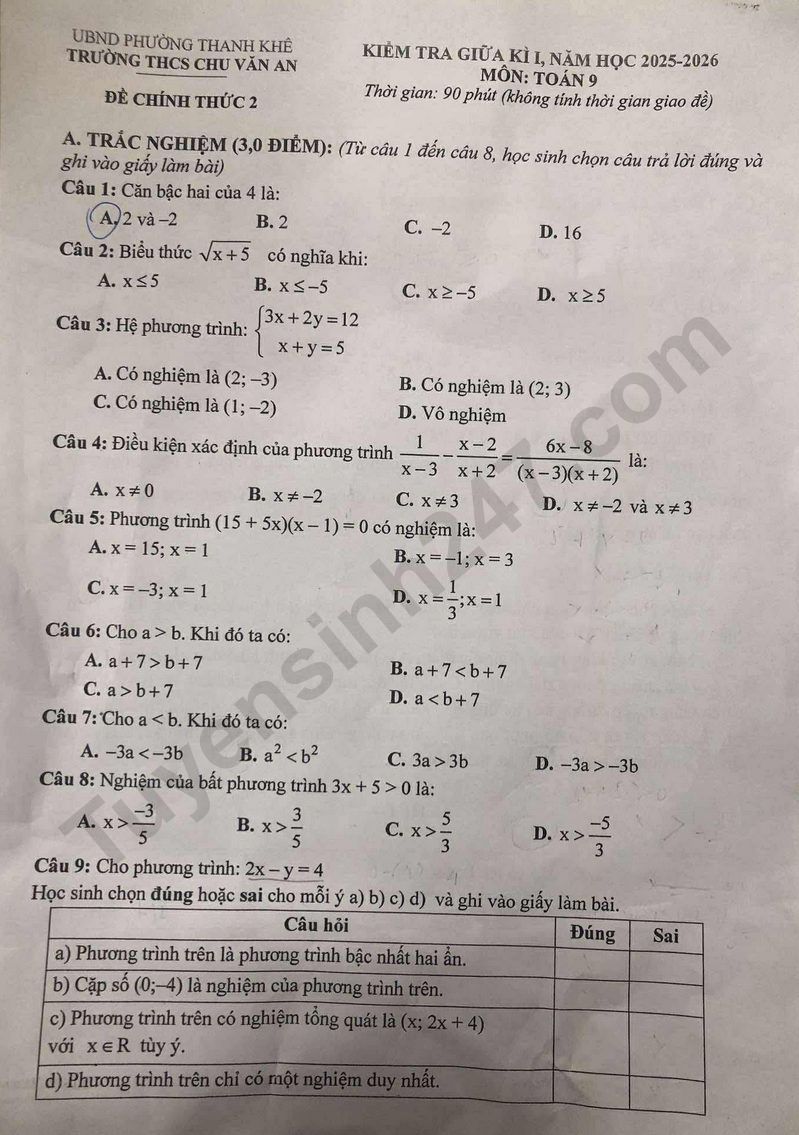 Đề thi giữa kì 1 lớp 9 môn Toán 2025 - THCS Chu Văn An