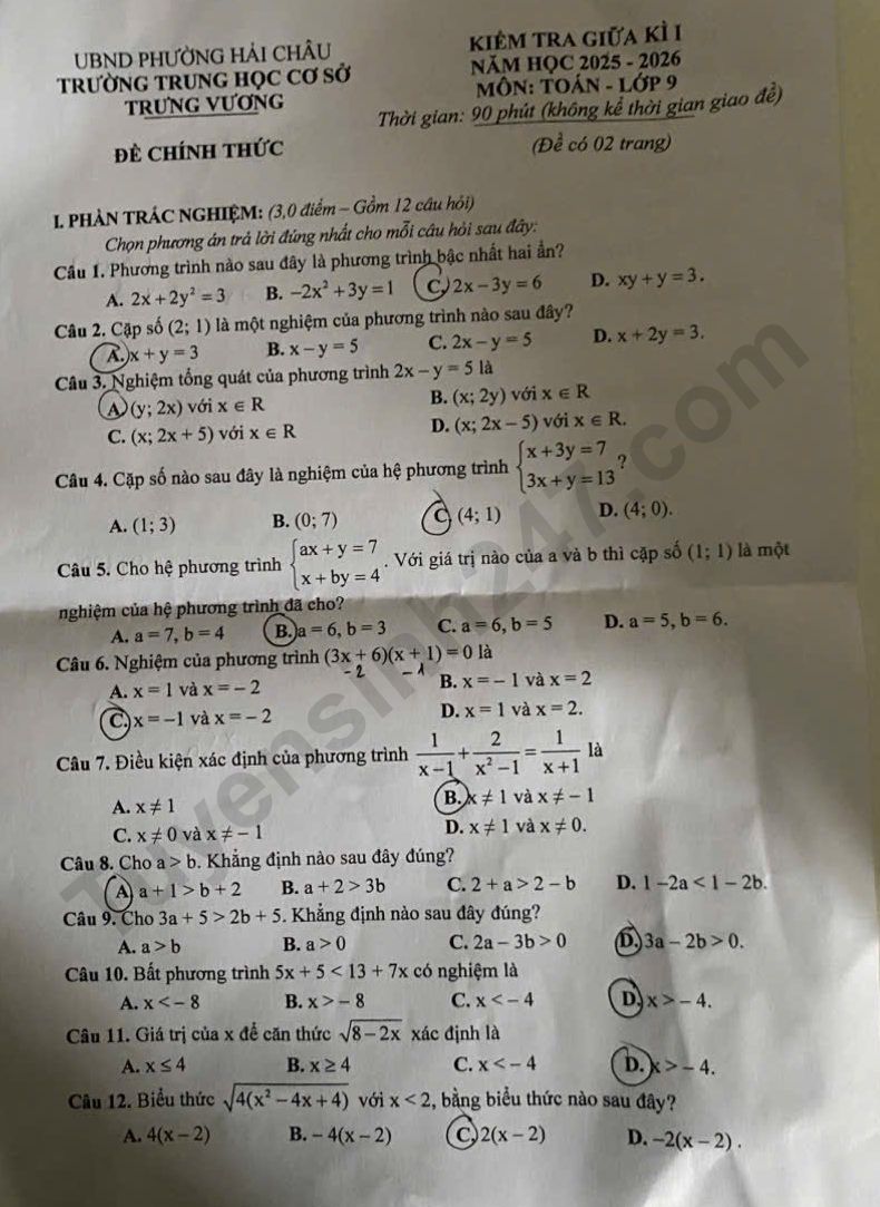 Đề thi giữa kì 1 môn Toán lớp 9 năm 2025 - THCS Trưng Vương