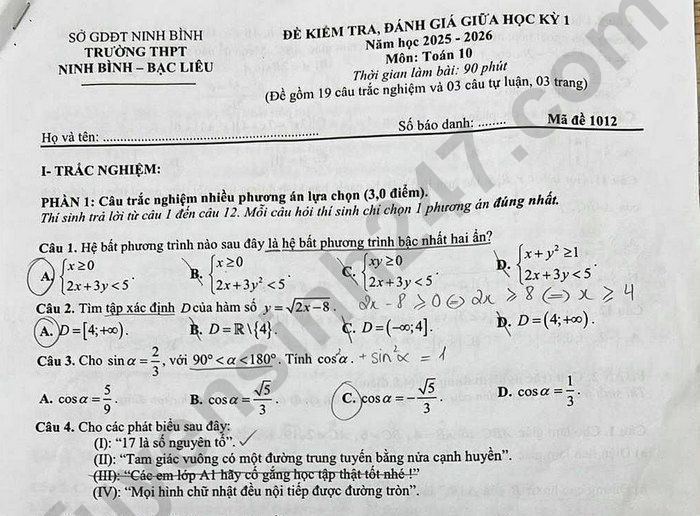 Đề thi giữa kì 1 năm 2025 THPT Ninh Bình-Bạc Liêu lớp 10 môn Toán