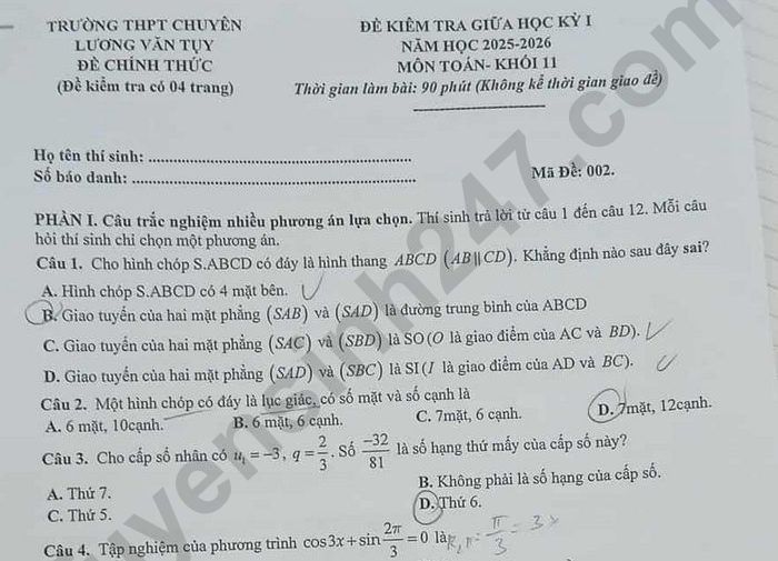 Đề thi giữa kì 1 lớp 11 môn Toán 2025 - THPT Chuyên Lương Văn Tụy