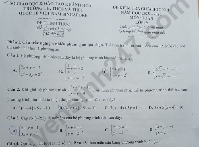 Đề thi giữa kì 1 Toán lớp 9 - TH, THCS và THPT Quốc tế Việt Nam Singapore 2025