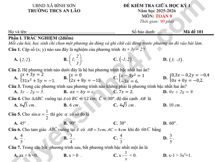 Đề thi giữa kì 1 năm 2025 THCS An Lão - lớp 9 môn Toán