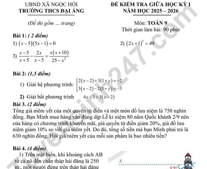 Đề thi giữa học kì 1 Toán 9 THCS Đại Áng 2025