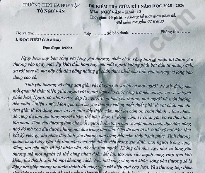 Đề thi giữa kì 1 lớp 12 môn Văn - THPT Hà Huy Tập 2025