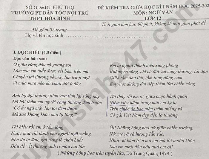 Đề thi giữa HK1 lớp 12 môn Văn 2025 - PT DTNT THPT Hòa Bình