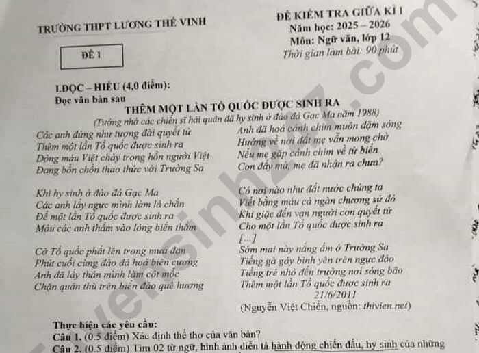 Đề thi giữa học kì 1 năm 2025 lớp 12 môn Văn - THPT Lương Thế Vinh