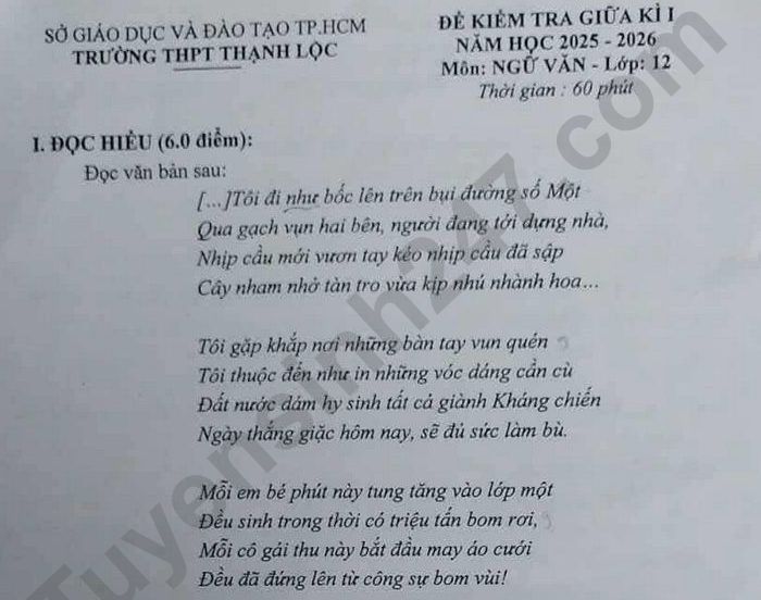 Đề thi giữa kì 1 năm 2025 THPT Thạnh Lộc - Văn lớp 12