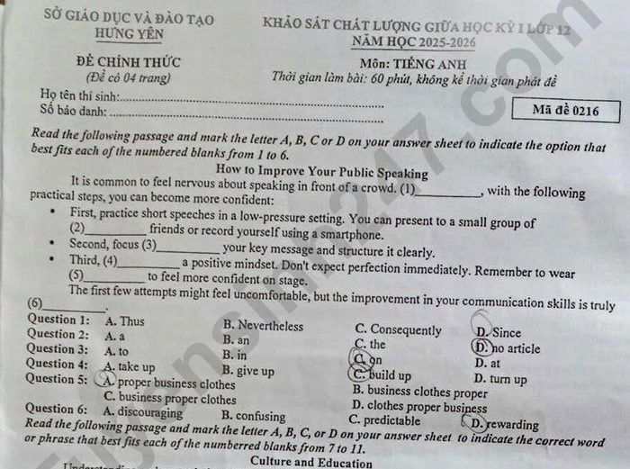Đề thi giữa kì 1 môn Anh lớp 12 Sở GD Hưng Yên 2025