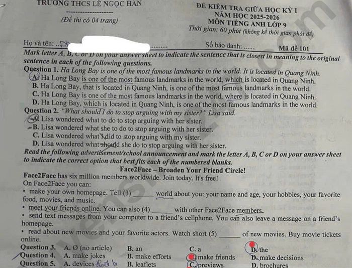 Đề thi giữa kì 1 Anh lớp 9 THCS Lê Ngọc Hân 2025