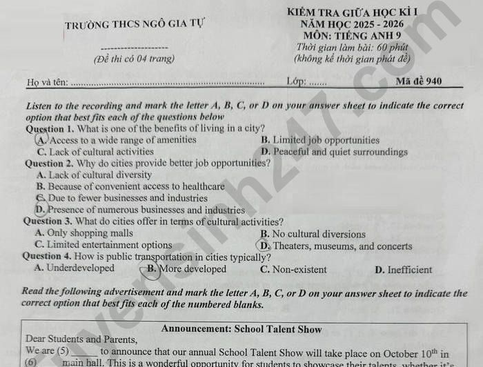 Đề thi giữa kì 1 năm 2025 Anh lớp 9 THCS Ngô Gia Tự