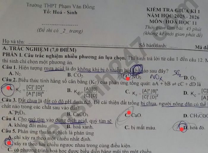 Đề thi giữa kì 1 Hóa lớp 11 năm 2025 - THPT Phạm Văn Đồng