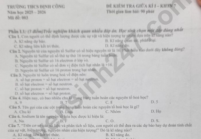 Đề thi giữa kì 1 năm 2025 THCS Định Công - lớp 7 KHTN