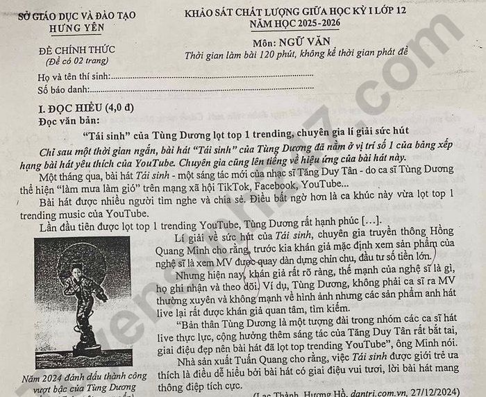 Đề thi giữa kì 1 năm 2025 Sở GD Hưng Yên - Văn lớp 12