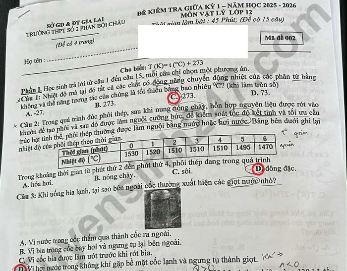 Đề thi giữa kì 1 năm 2025 THPT số 2 Phan Bội Châu - lớp 12 môn Lý