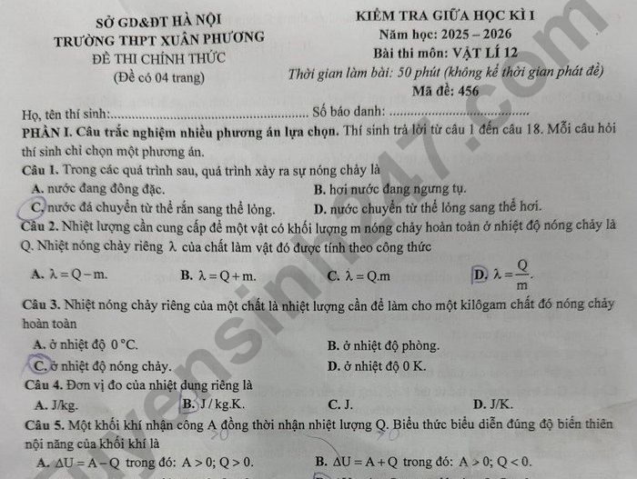 Đề thi giữa kì 1 môn Lý lớp 12 THPT Xuân Phương 2025