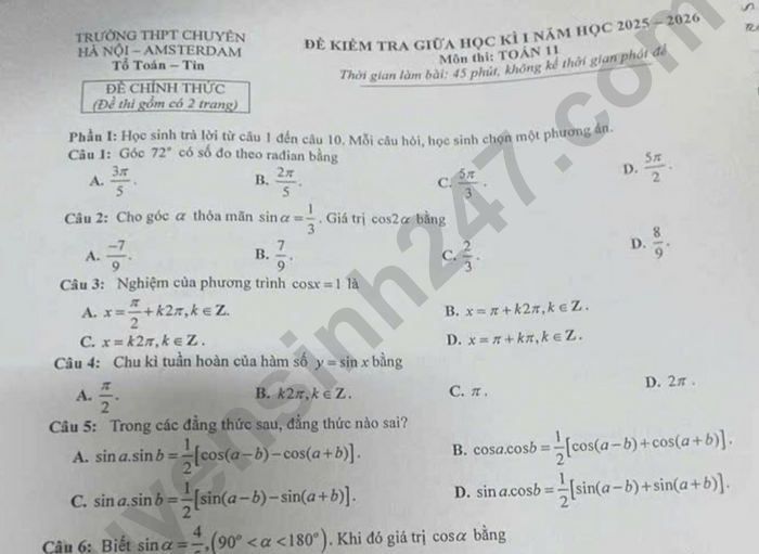 Đề thi giữa kì 1 năm 2025 THPT Chuyên Hà Nội - Amsterdam lớp 11 môn Toán
