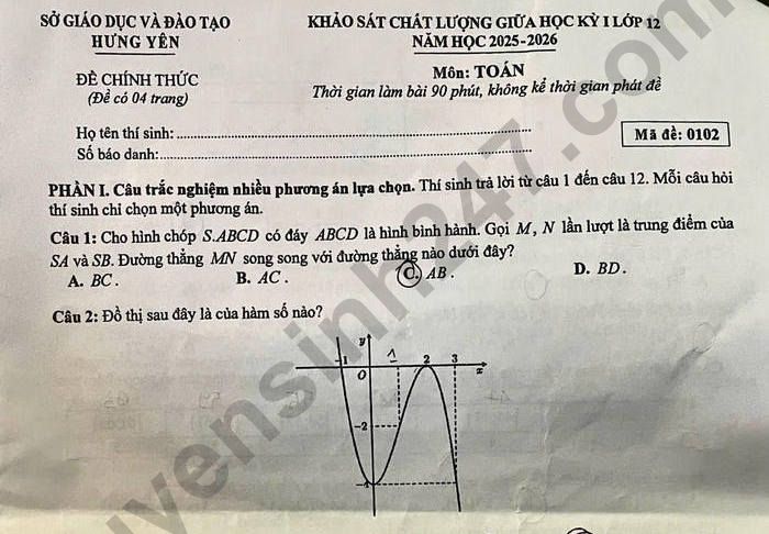 Đề thi giữa kì 1 Toán lớp 12 Sở GD Hưng Yên 2025