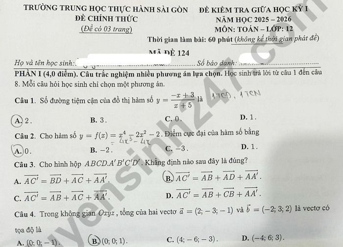 Đề thi giữa kì 1 năm 2025 lớp 12 môn Toán - Trường Trung học Thực hành Sài Gòn