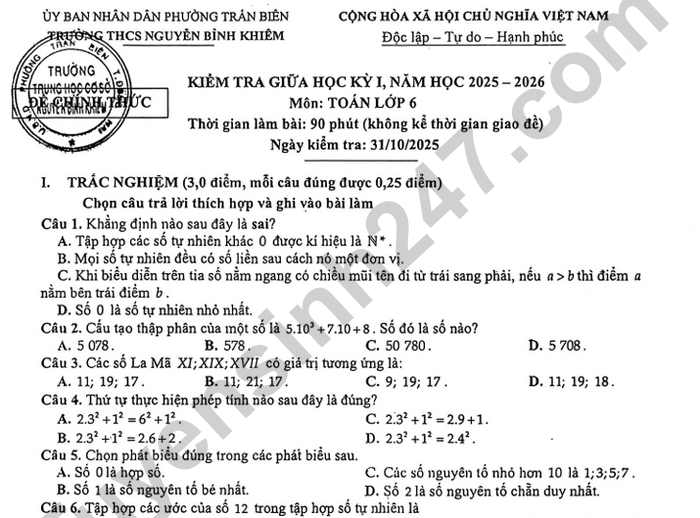 Đề thi giữa học kì 1 năm 2025 lớp 6 môn Toán - THCS Nguyễn Bỉnh Khiêm