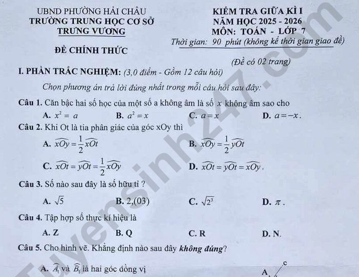Đề thi giữa kì 1 lớp 7 môn Toán 2025 - THCS Trưng Vương