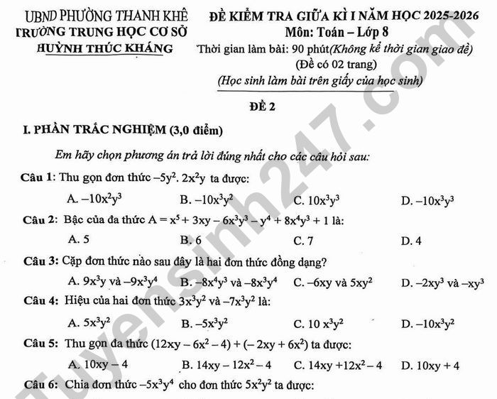 Đề thi giữa kì 1 Toán 8 THCS Huỳnh Thúc Kháng 2025