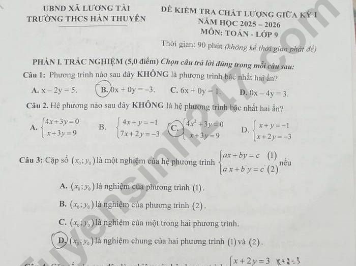 Đề thi giữa kì 1 năm 2025 THCS Hàn Thuyên - lớp 9 môn Toán