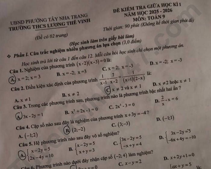 Đề thi giữa kì 1 lớp 9 môn Toán THCS Lương Thế Vinh 2025