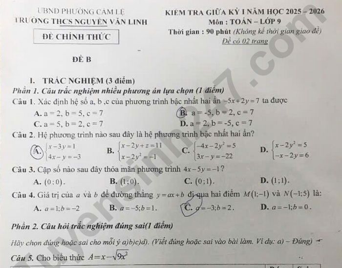 Đề thi giữa kì 1 lớp 9 môn Toán 2025 - THCS Nguyễn Văn Linh