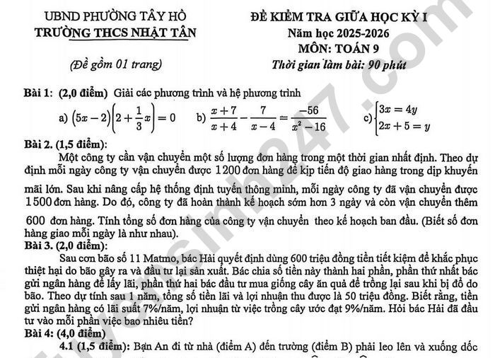 Đề thi giữa kì 1 lớp 9 môn Toán - THCS Nhật Tân 2025