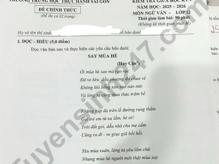 Đề thi giữa kì 1 Văn 12 Trường Trung học Thực hành Sài Gòn 2025