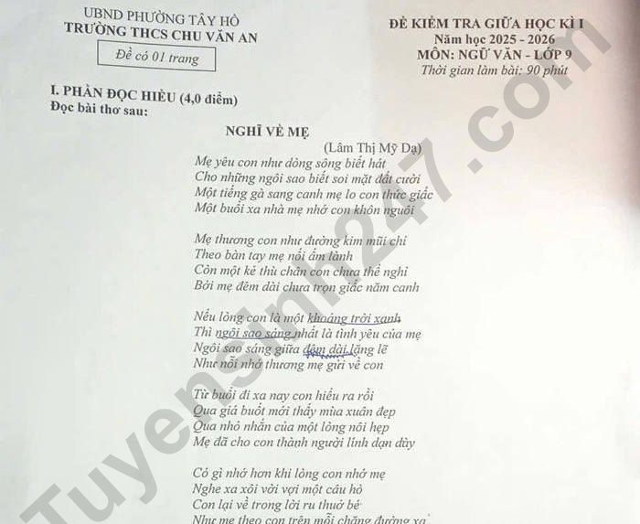 Đề thi giữa kì 1 môn Văn 9 THCS Chu Văn An 2025