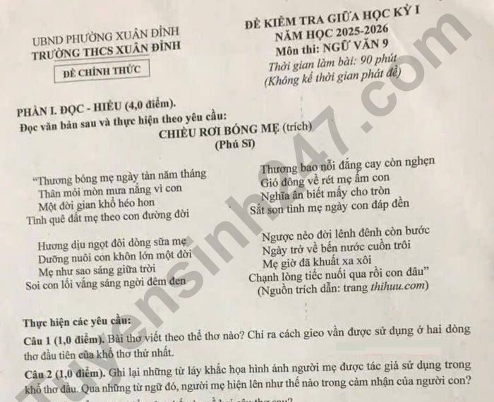 Đề thi giữa kì 1 lớp 9 môn Văn 2025 - THCS Xuân Đỉnh