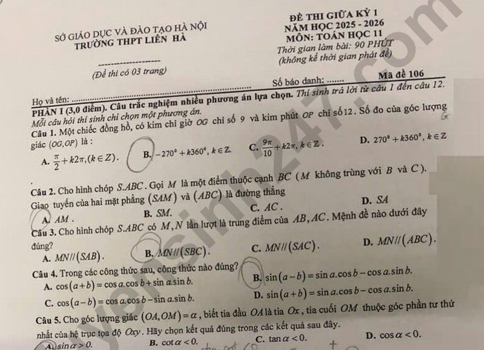 Đề thi giữa kì 1 năm 2025 lớp 11 môn Toán - THPT Liên Hà