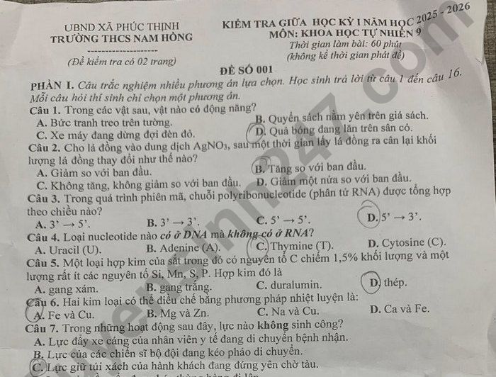 Đề thi giữa kì 1 lớp 9 môn KHTN 2025 - THCS Nam Hồng
