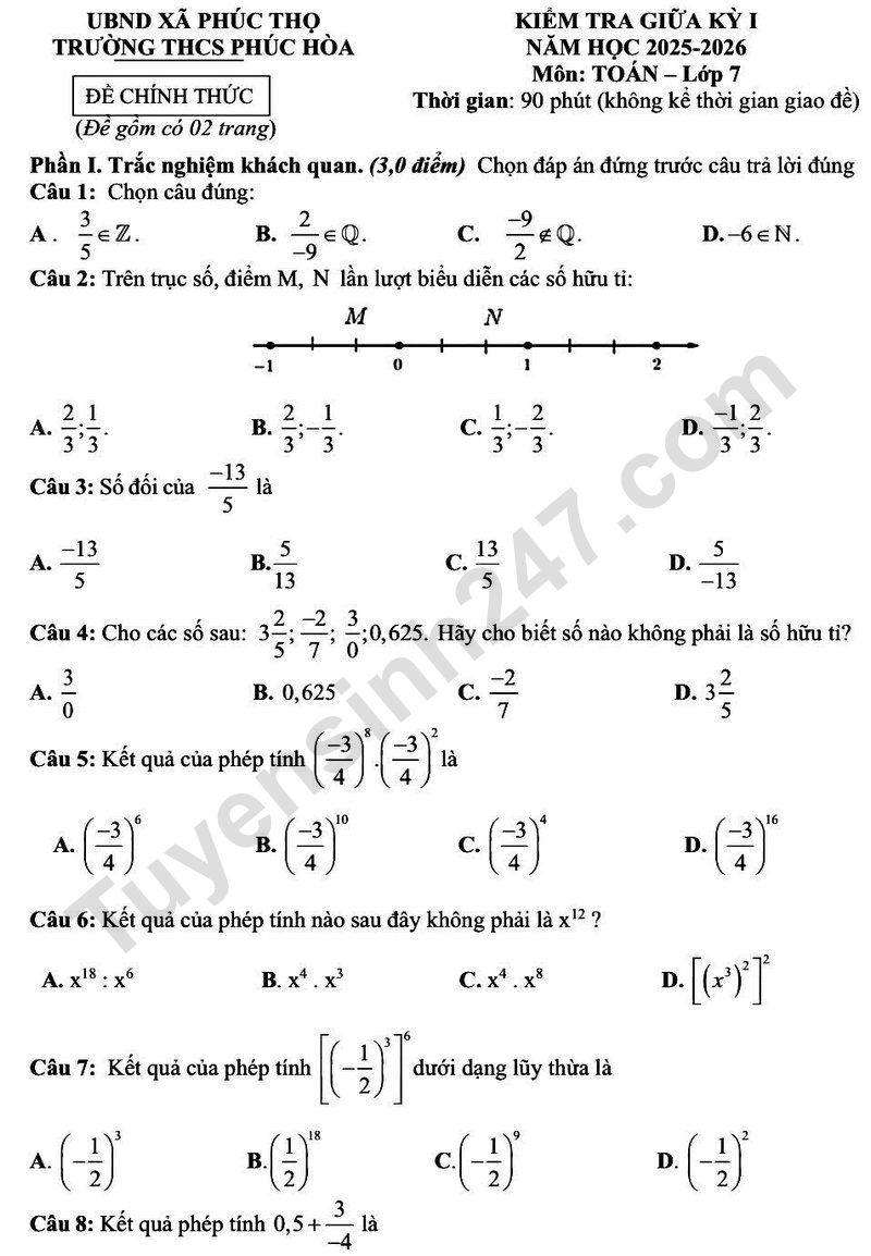 Đề thi giữa kì 1 môn Toán lớp 7 năm 2025 - THCS Phúc Hòa (Có đáp án)
