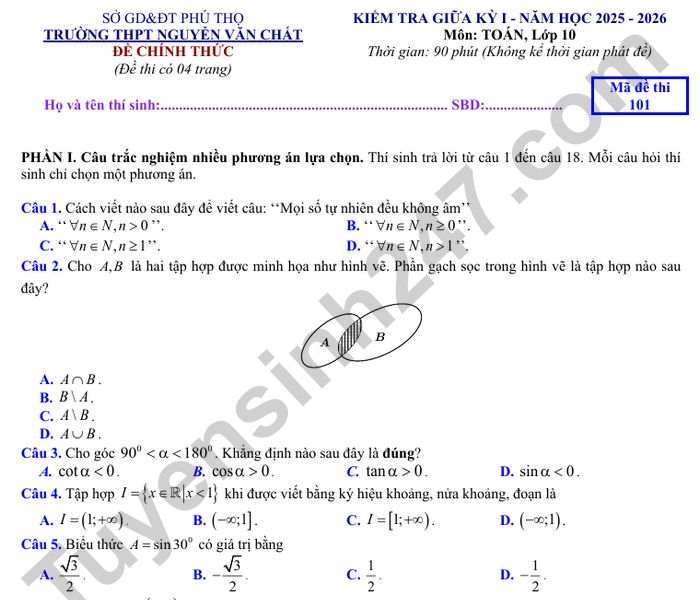 Đề thi giữa kì 1 Toán lớp 10 THPT Nguyễn Văn Chất 2025