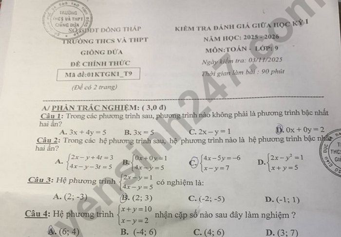 Đề thi giữa kì 1 lớp 9 môn Toán 2025 - THCS và THPT Giồng Dứa