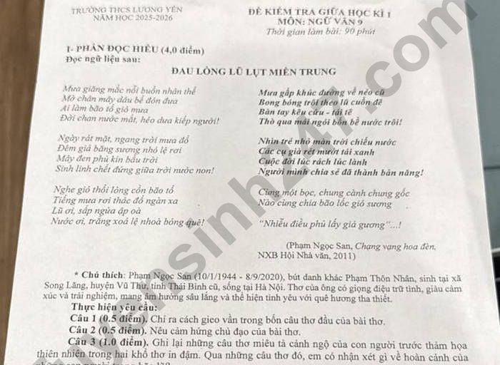 Đề thi giữa học kì 1 lớp 9 môn Văn 2025 - THCS Lương Yên