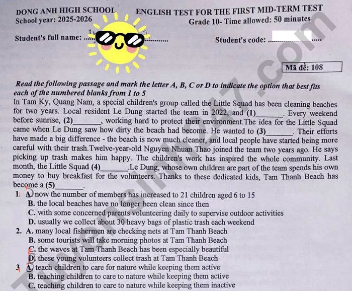 Đề thi giữa kì 1 năm 2025 THPT Đông Anh - lớp 10 môn Anh