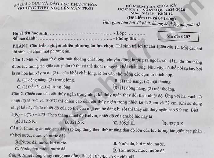 Đề thi giữa kì 1 lớp 12 môn Lý 2025 - THPT Nguyễn Văn Trỗi